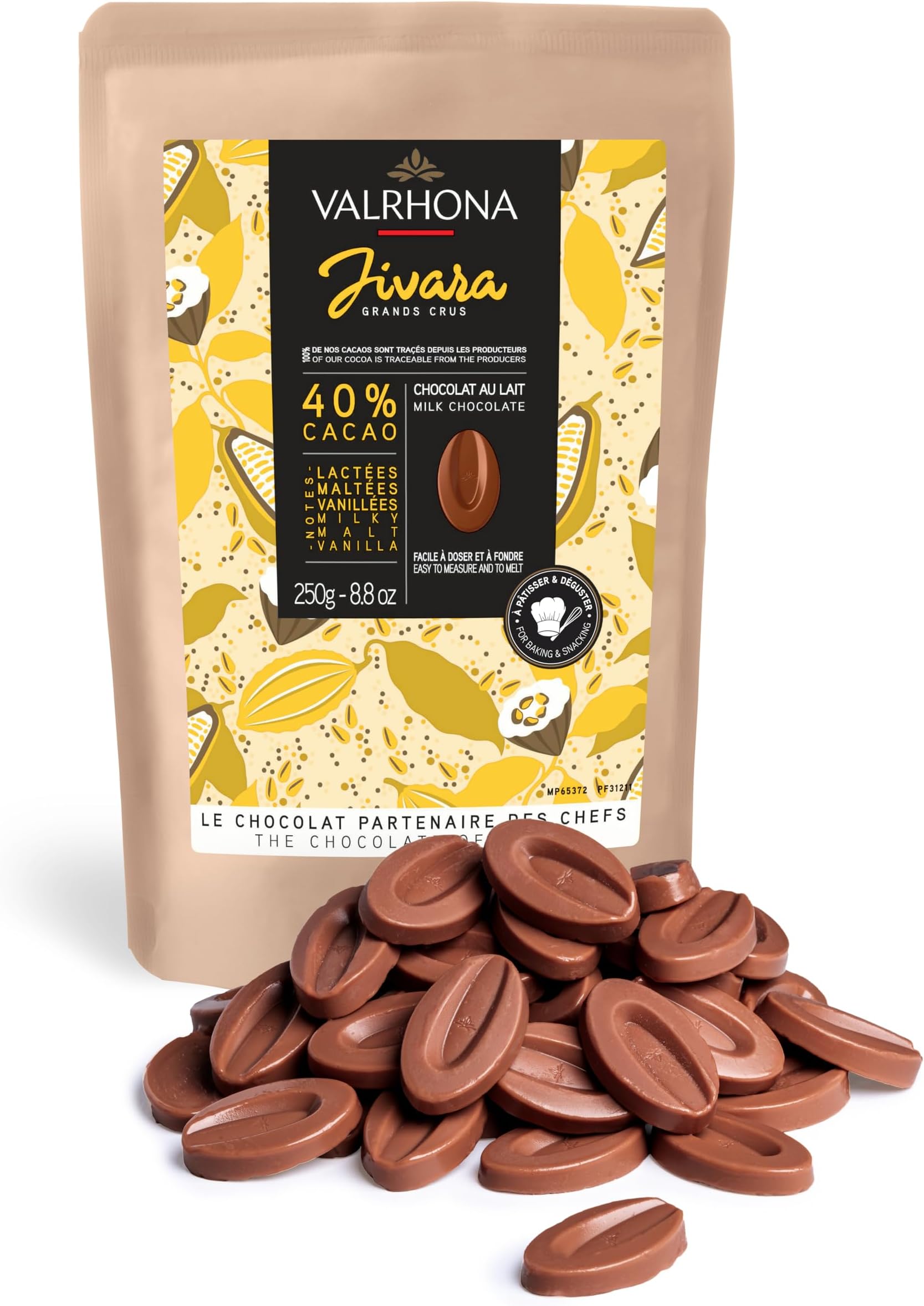 Valrhona Premium French Baking Creamy Milk Chocolate Discs (Feves). JIVARA 40% Cacao. Easy Melt and Tempering. Hints of Vanilla and Malt. For Cookies, Mousses, Frostings and Candies 250g