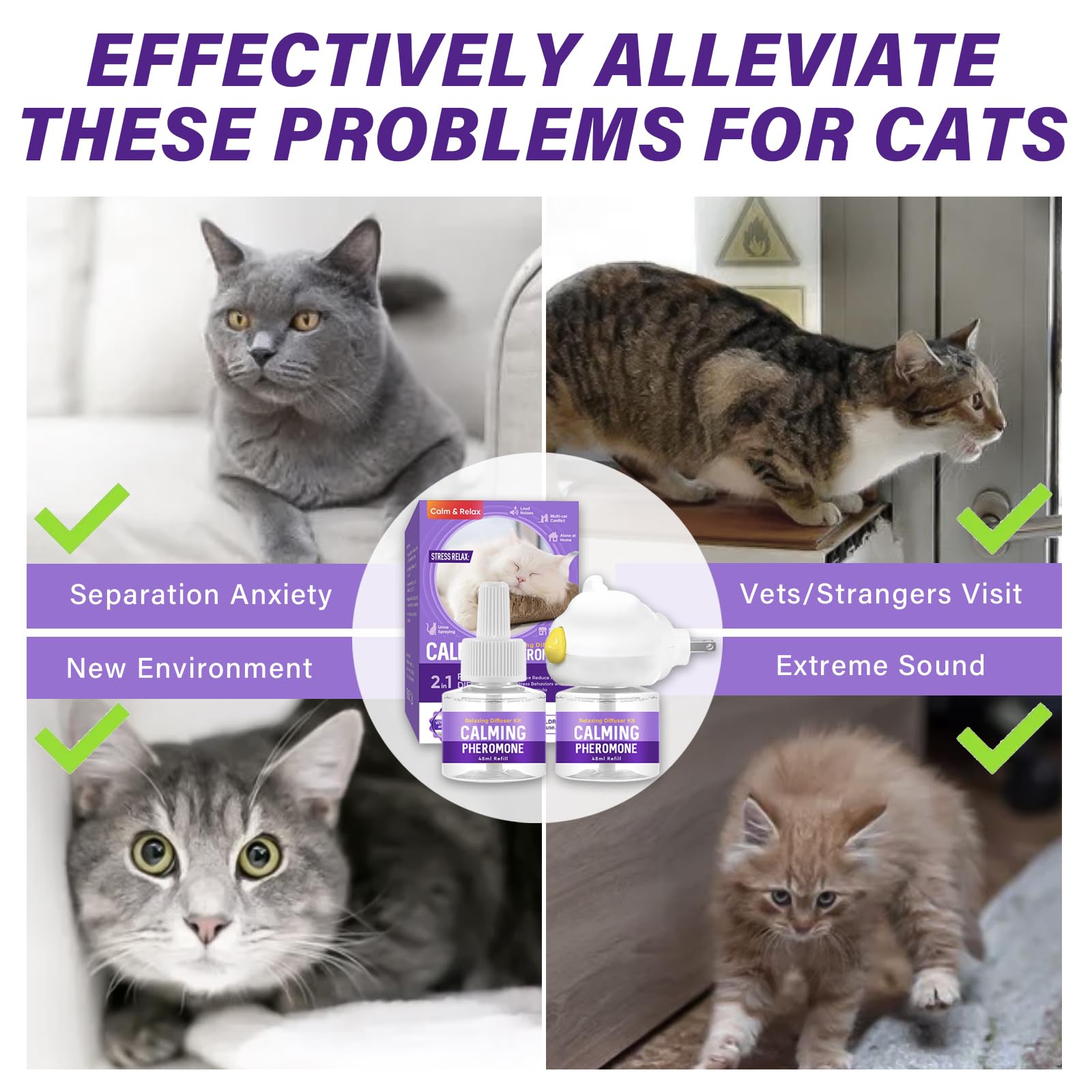 Feromoni per Gatti, 2 Ricariche 48 ml, Adatto per Più Gatti | Diffusore di Ferormoni per Gatto per Ridurre Graffi e Marcature, Soluzione Relax per Gatti per 60 Giorn