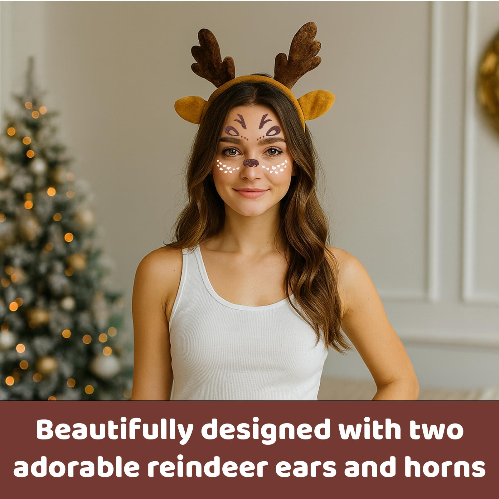 ZKFSIE 3 Pcs Reindeer Costume Kids, Brown Tutu Dress with Antler Headband and Face Tattoos, Christmas Fancy Dress for Girls, Animal Costume for Halloween Party and Role Play - Image 4