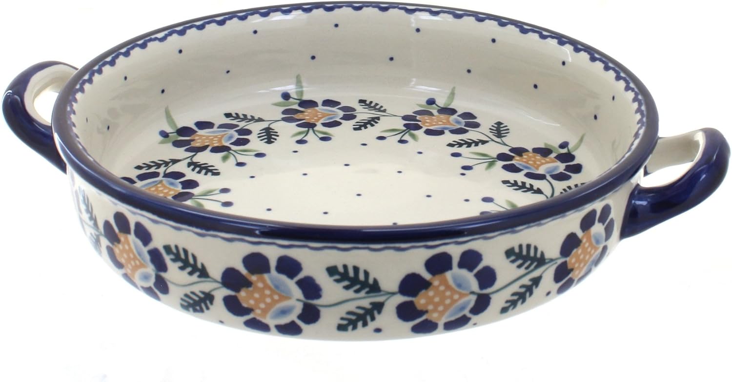 Blue Rose Polish Pottery - Yellow Sunflower Small Round Baker with Handles - 9.5" Diameter - Unique, Dishwasher Safe, & Durable Bakeware