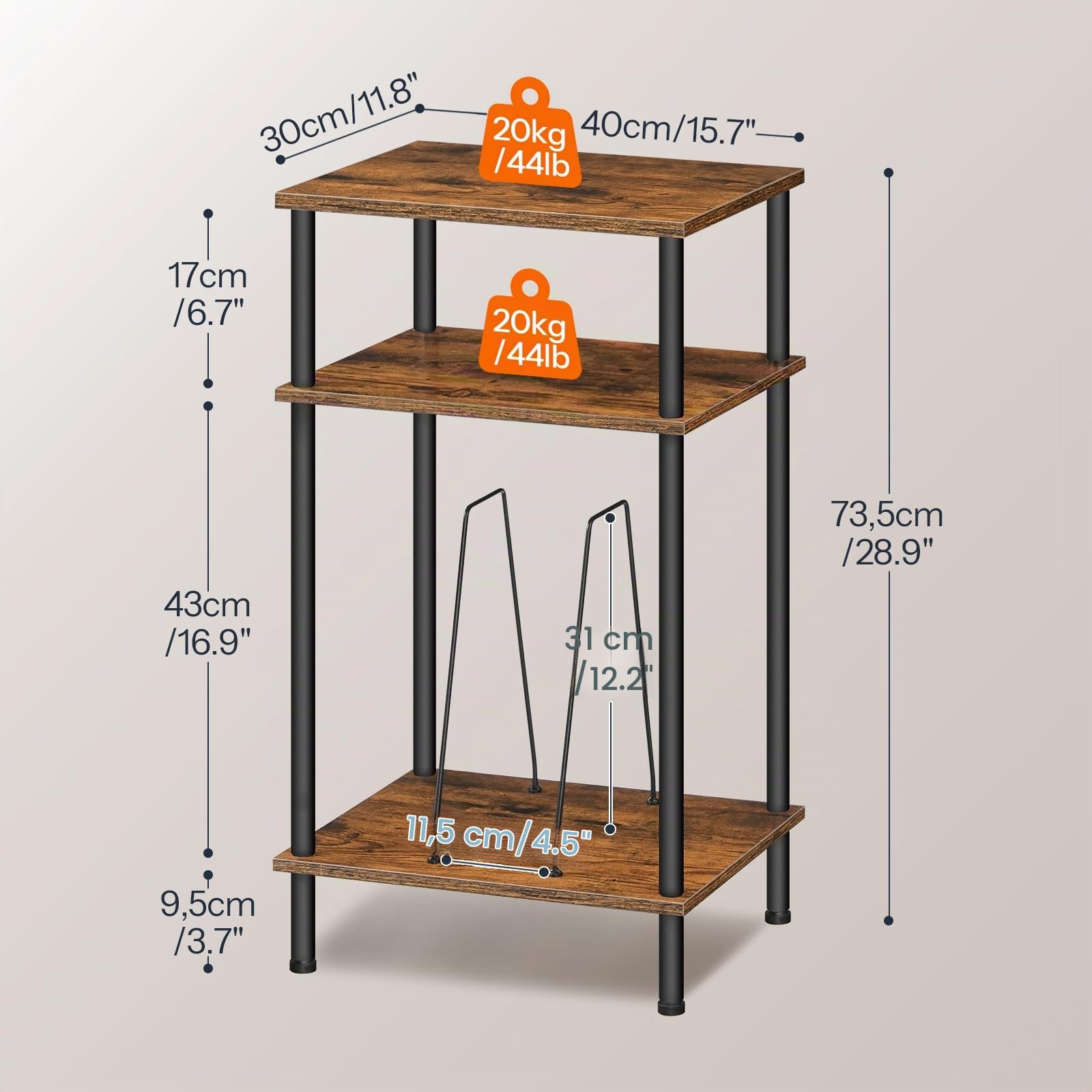 HOOBRO Support pour Tourne-Disque à 3 Niveaux, Table pour Vinyle avec séparateurs, Table d’Appoint Industrielle, pour CD, Album, Platine, Marron Rustique et Noir EBF02RS01