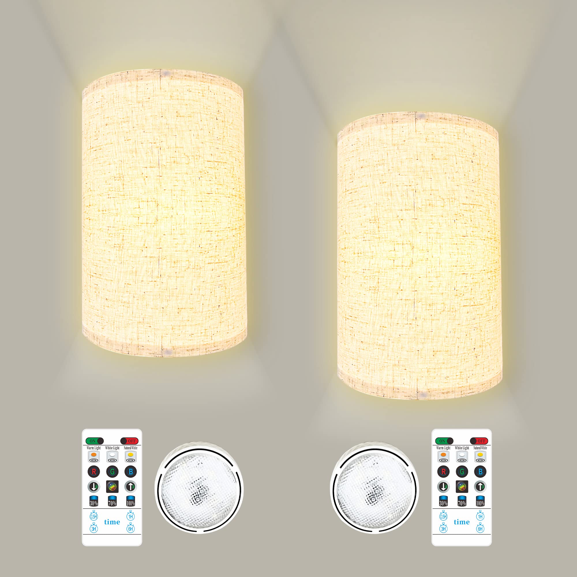 Wireless Battery Operated Wall Lights Sconce with Remote/Wall Lamps Set of Two Dimmable/Wall Mounted Lights with Fabric Shade/3 Lighting 13 RGB Colors/Wall Light for Bedroom Bedside Hallway Indoor
