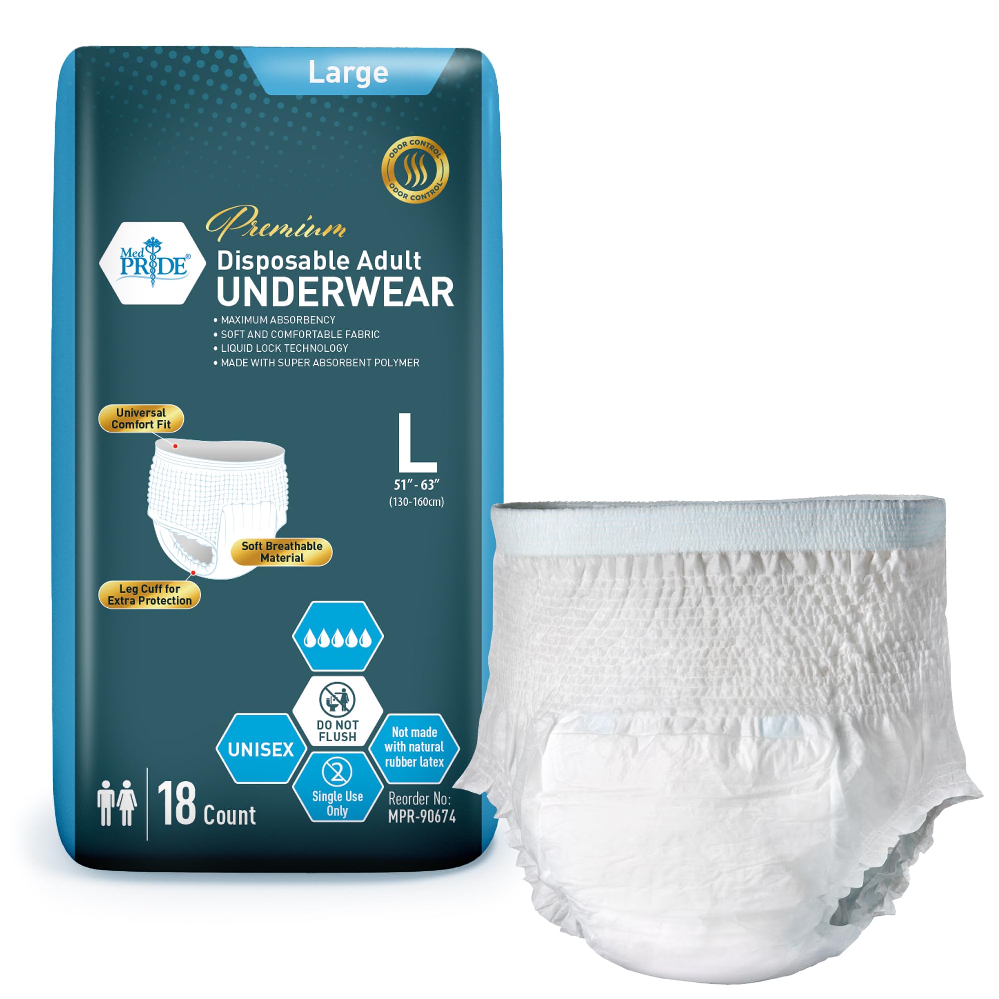 MED PRIDE Premium Disposable Adult Underwear, 18 Count, Large (51" - 63"), Maximum Absorbency, Unisex, Odor Control, Soft & Comfortable