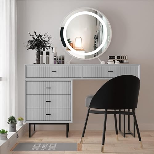 Miniatura 9 de Anbuy Juego de escritorio de maquillaje gris con cajones, tocador de maquillaje moderno, juego de tocador para dormitorio, juego de muebles de