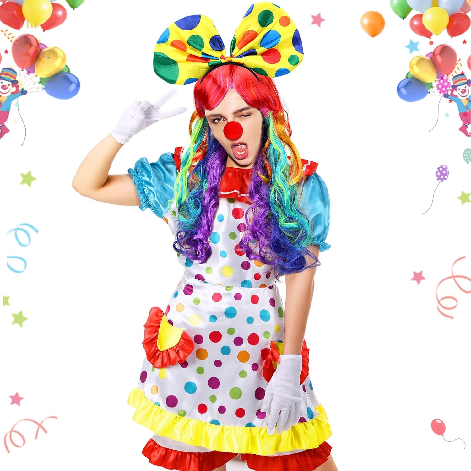 6 Pcs Clown Costume Set Women Circus Dress Rainbow Clown Wig Headband Nose Shorts Gloves for Halloween cosplay - Image 3
