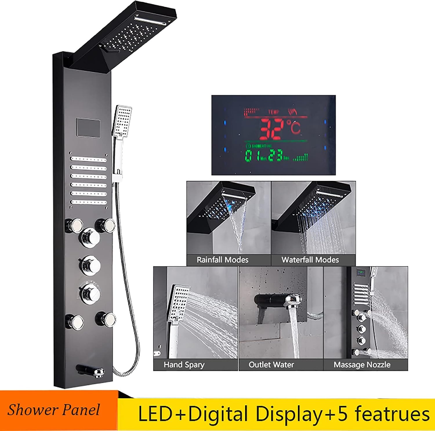 LED Shower Panel Tower System Digital Display Shower Column Stainless Steel Shower Panel System, Shower System with Shower Head, Handheld Shower, Body Jets, Tub Spout,Black Decoration