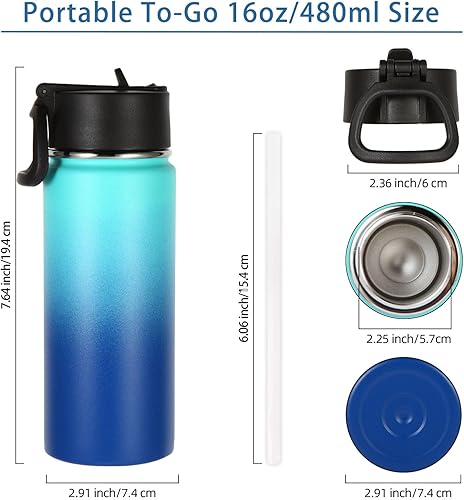 Miniatura 2 de Volhoply Botella de agua aislada para niños con popote, botellas de agua fría de acero inoxidable de 16 onzas para la escuela, vasos de boca ancha