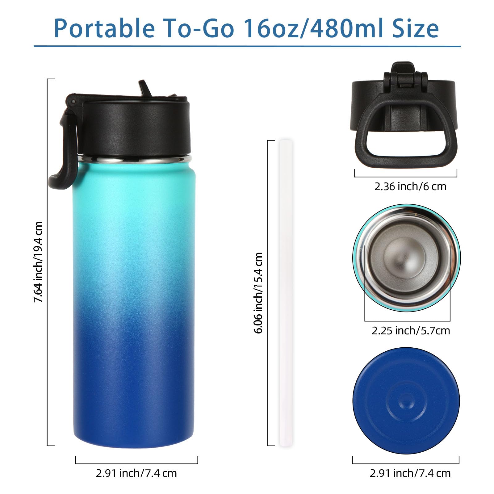 Volhoply Kids Insulated Water Bottle with Straw,480ml Stainless Steel Cold Water Bottles for School,BPA-Free Metal Wide Mouth Cups with Handle,Reusable Double Wall Vacuum Sports Flask(Green Blue,1) - Image 2