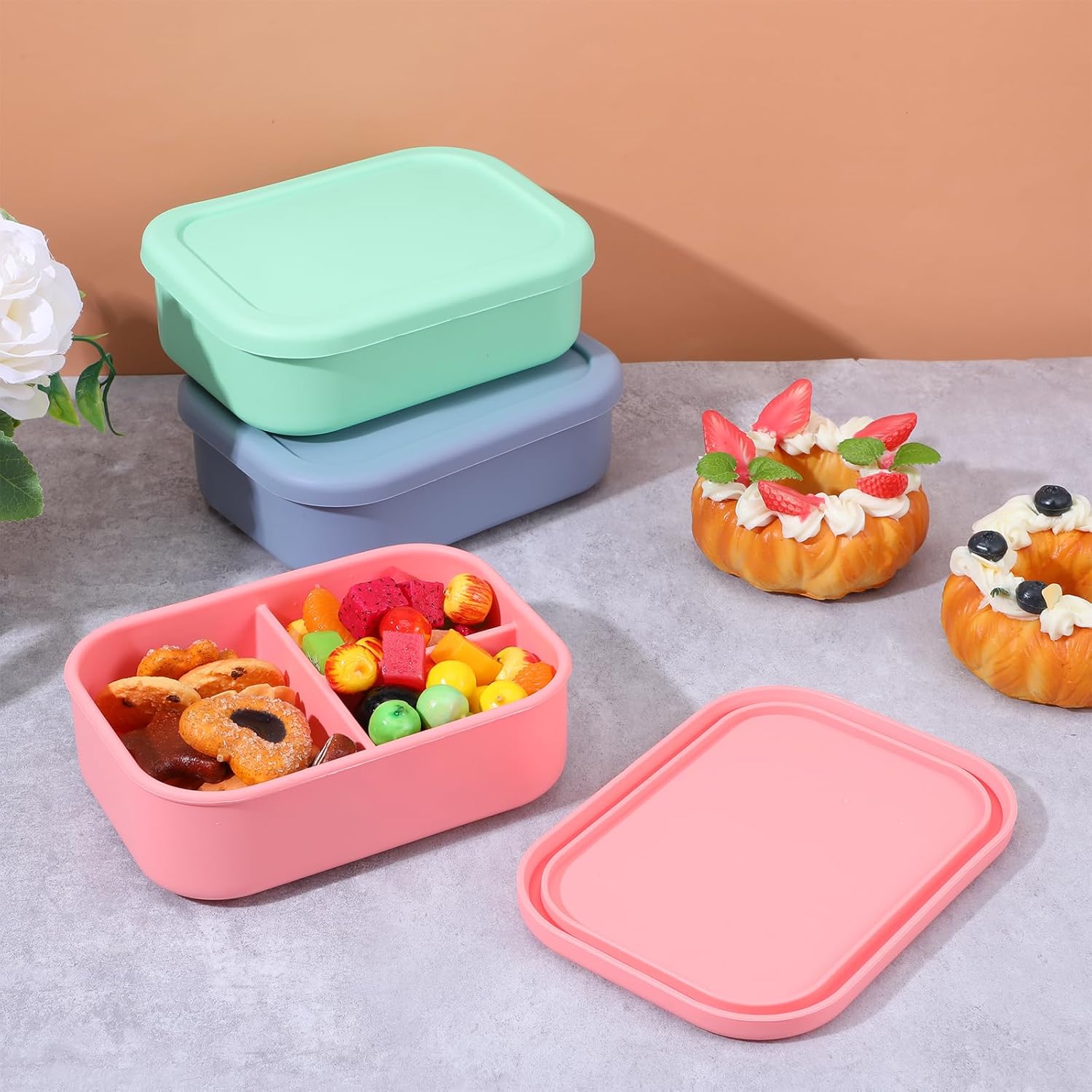 3 Pcs Silicone Bento Box, Reusable 3 Compartment Silicone Bento Lunch Container for Adults, Microwave Dishwasher Freezer Safe (Dark Colors)