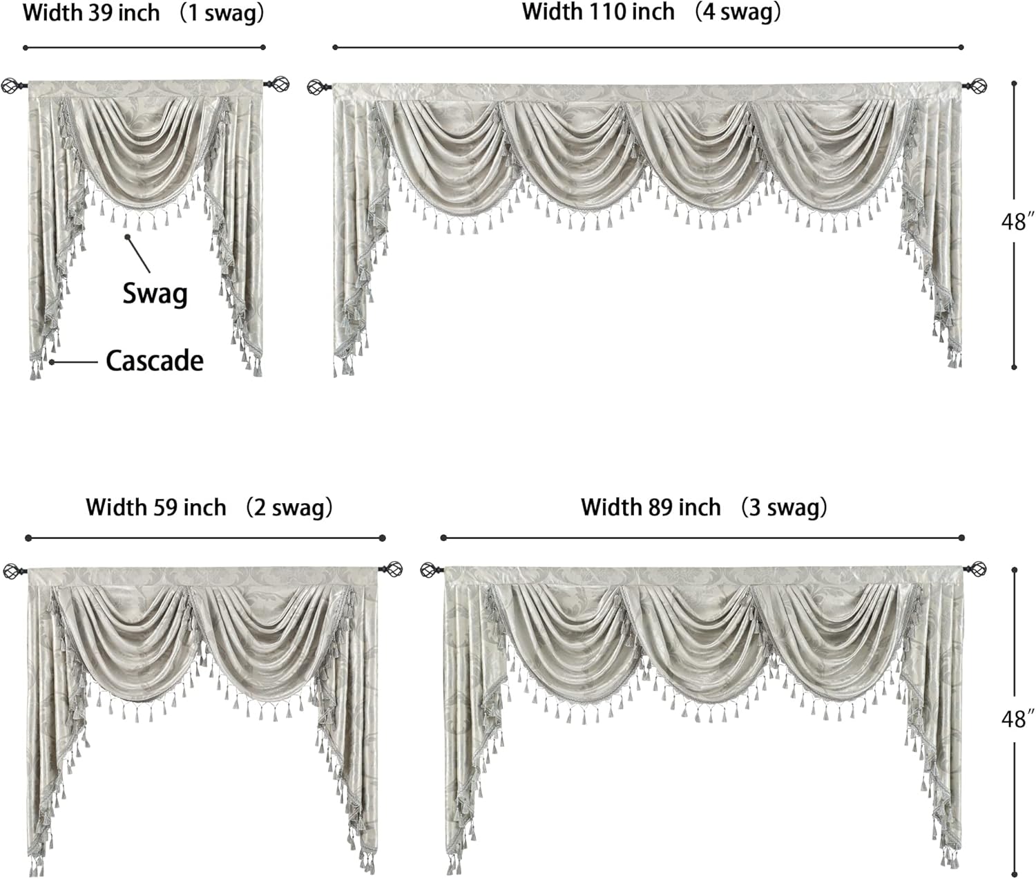 Jacquard Waterfall Valance for Windows with Luxury Tassels, Rod Pocket Swag Valance for Living Room/Bedroom/Banquet, Silver Grey European Style Valances for Windows, 1 Panel, Wide 110 Inch