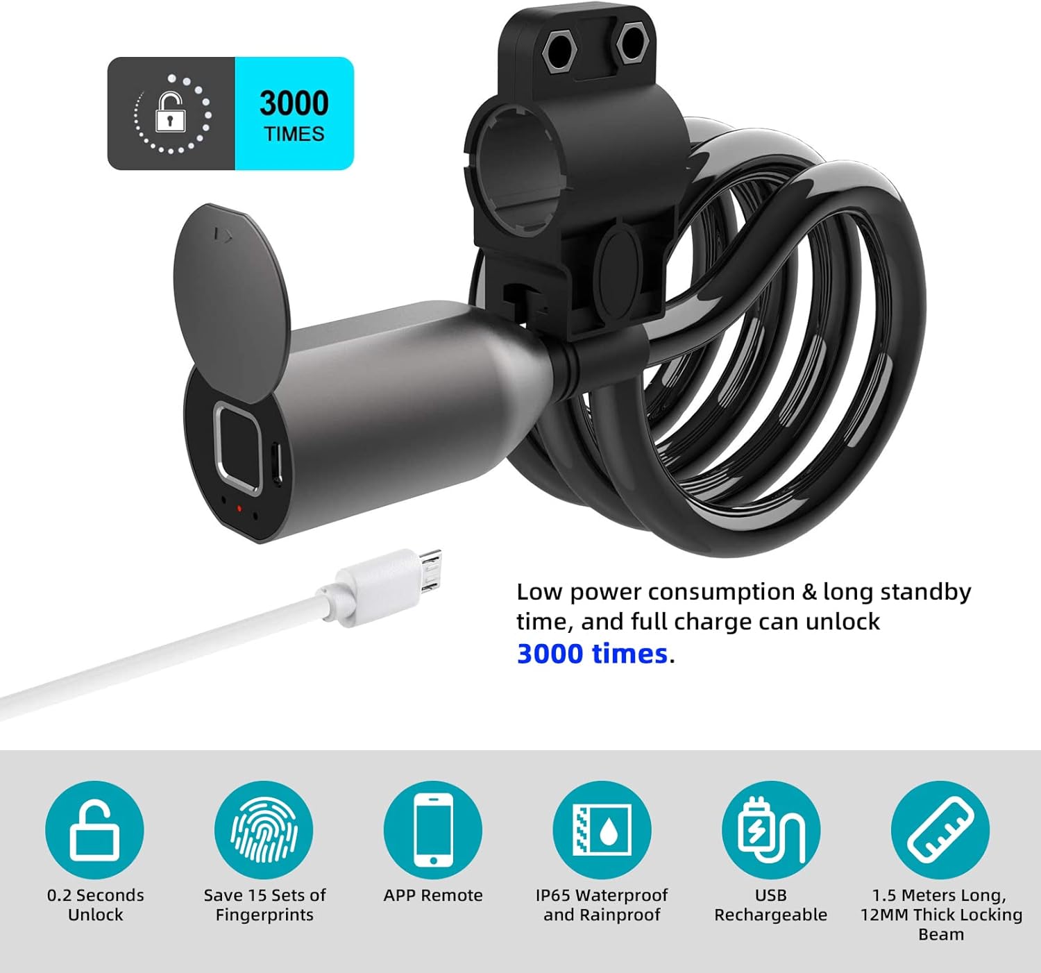 Anweller Fingerprint Bicycle Lock with icons for features like 0.2s unlock, 15 fingerprints, app remote, IP65, USB rechargeable, 1.5m/12mm cable