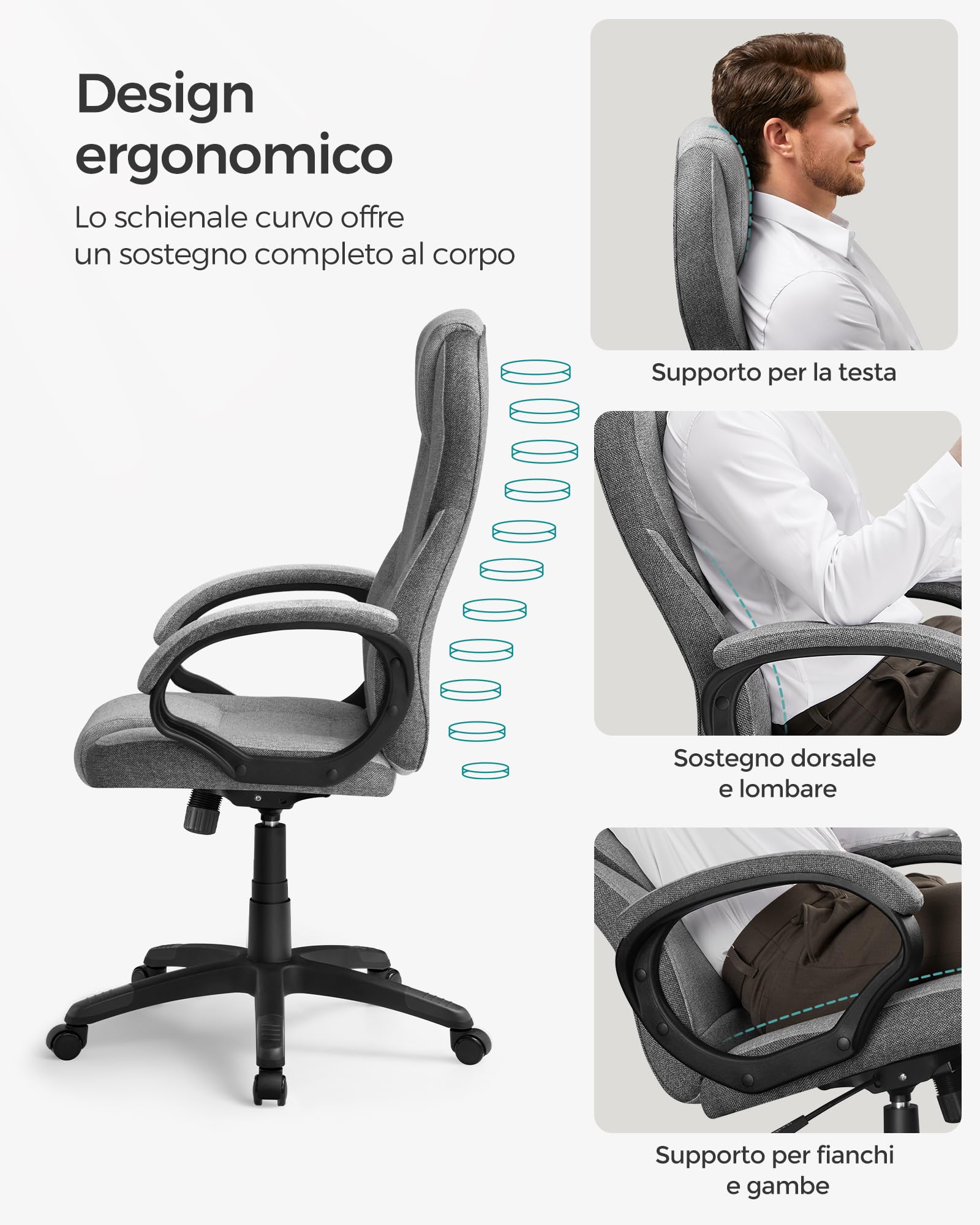 SONGMICS Ergonomica, Poltrona Direzionale, Sedia Girevole e Altezza Regolabile, da Scrivania in Studio e Ufficio, con Rotelle, Grigio Tortora OBG022G01, 7370(112-122) cm