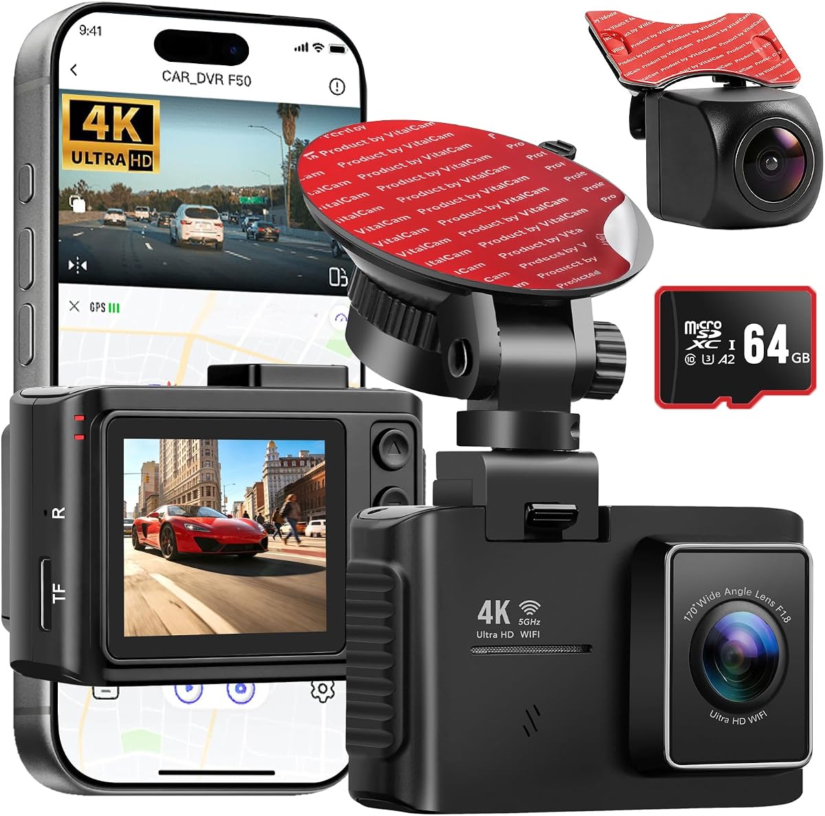 Cámara de salpicadero 4K delantera y trasera, visión nocturna STARVIS 2, tarjeta de 64 GB gratuita, WiFi de 5 GHz con aplicación, GPS integrado, cámara de salpicadero para coches gran angular de 170°, pantalla IPS de 3", grabación en bucle, monitor de aparcamiento 24 horas