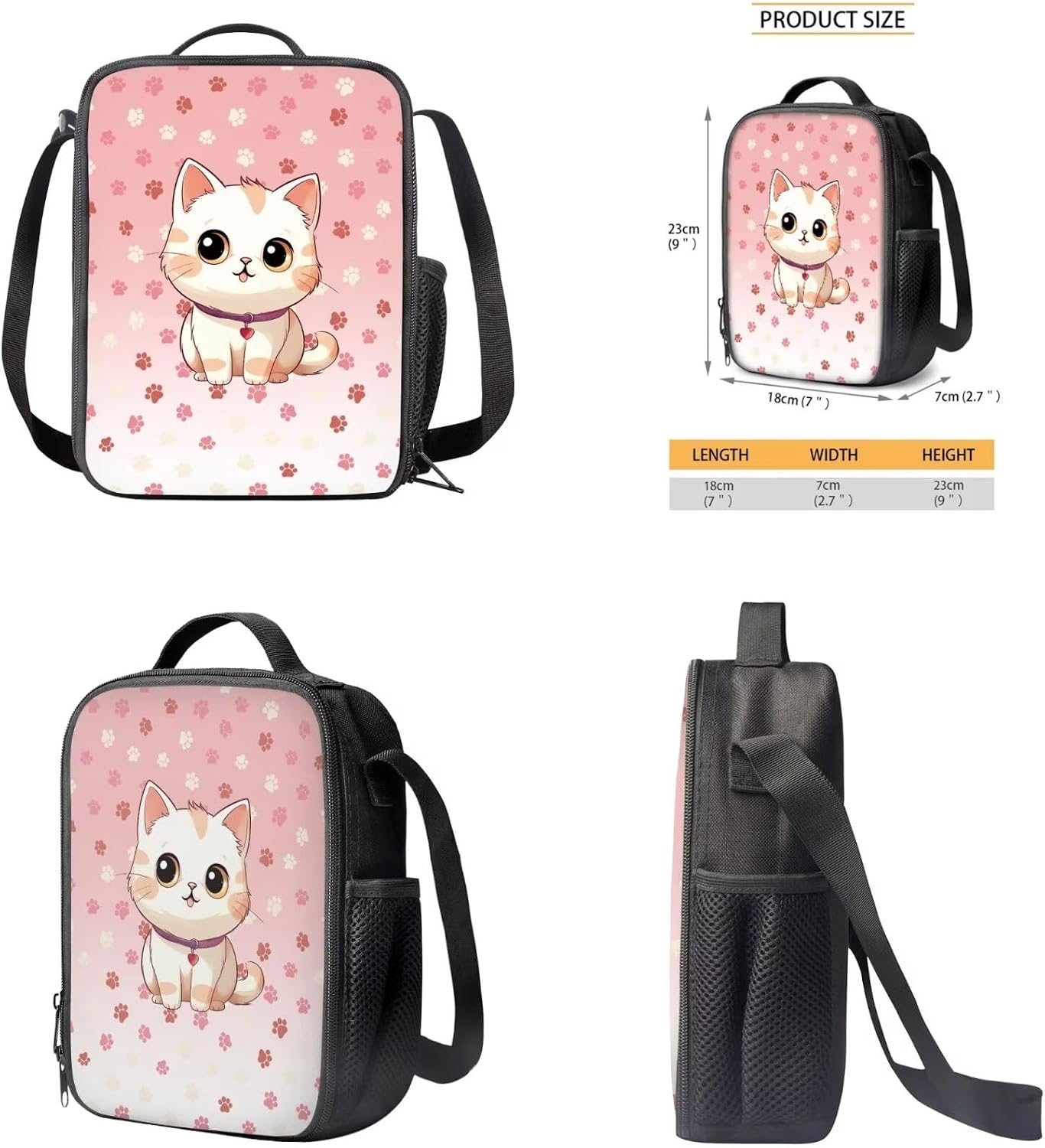 Kawaii Cat Backpack for Girls Paw Print School Bag with Lunch Bag Pencil Case Wristlet Keychain for Elementary Middle School Students Lightweight Backpack 4 in 1 Set for Teens