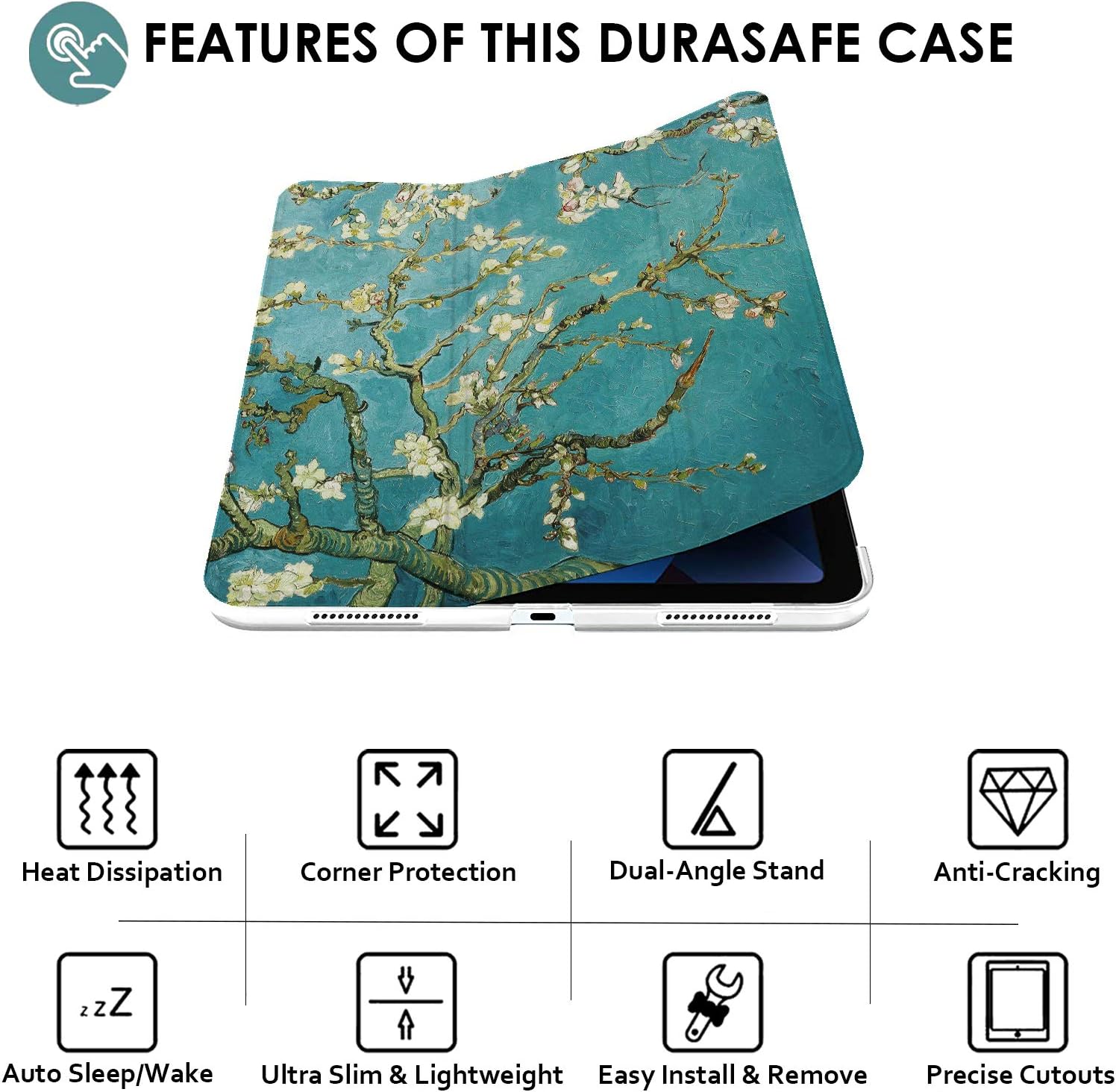 DuraSafe Cases for iPad PRO 11 Inch 1st [ PRO 11 1 Gen 2018 ] A1980 A1934 MTXN2LL/A MTXP2LL/A MTXR2LL/A MTXQ2LL/A MTXT2LL/A MTXU2LL/A Smart Auto Sleep/Wake Printed PC Cover - Almond Flower Bloom