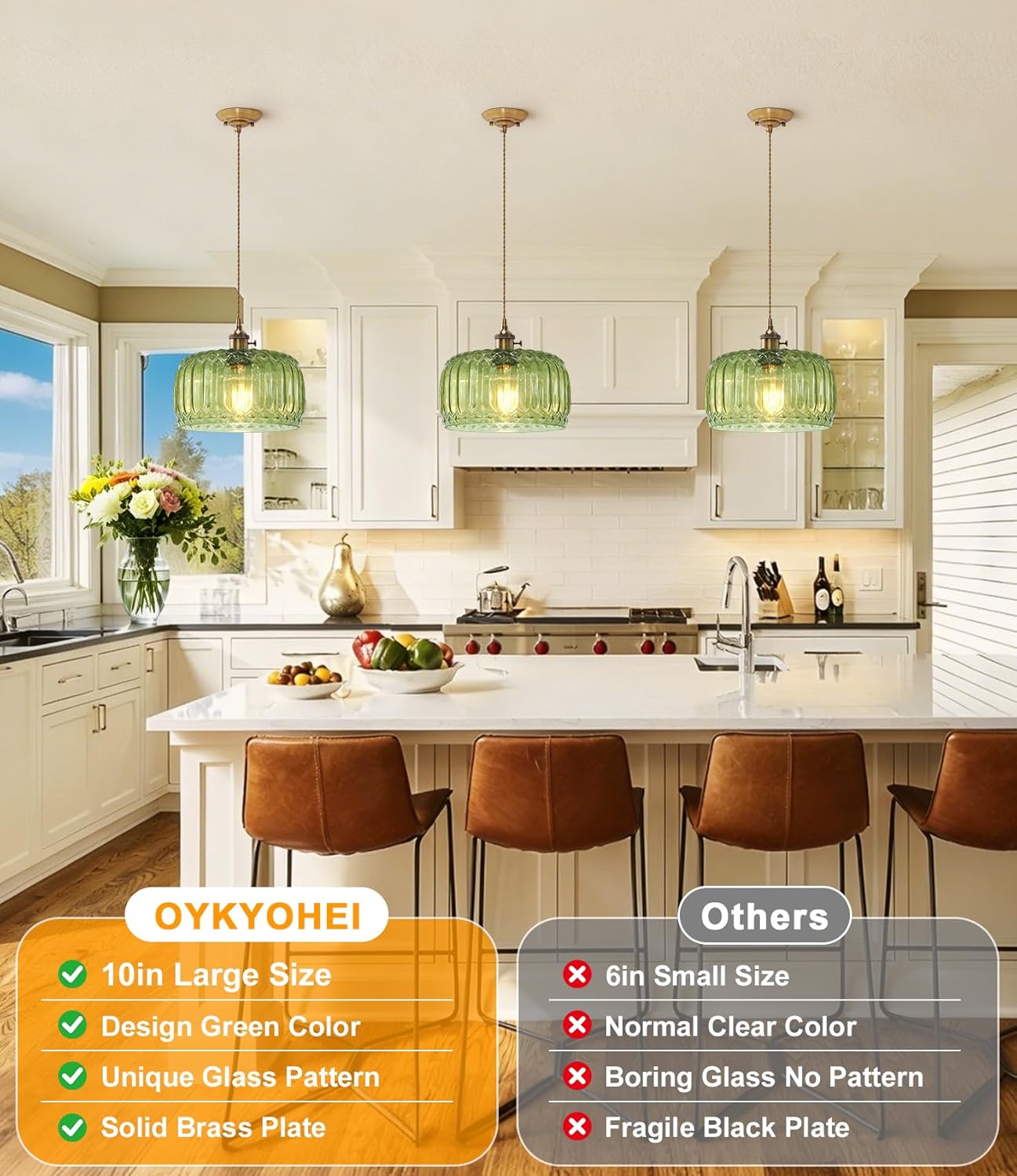 Hand-Blown Green Glass Pendant Light–Vintage Hardwired Hanging Ceiling Fixture with Adjustable Cord,Gold Accents Mid-Century Modern Farmhouse Style for Kitchen Island Sink Dining Room 10in Hard Wired Green Glass