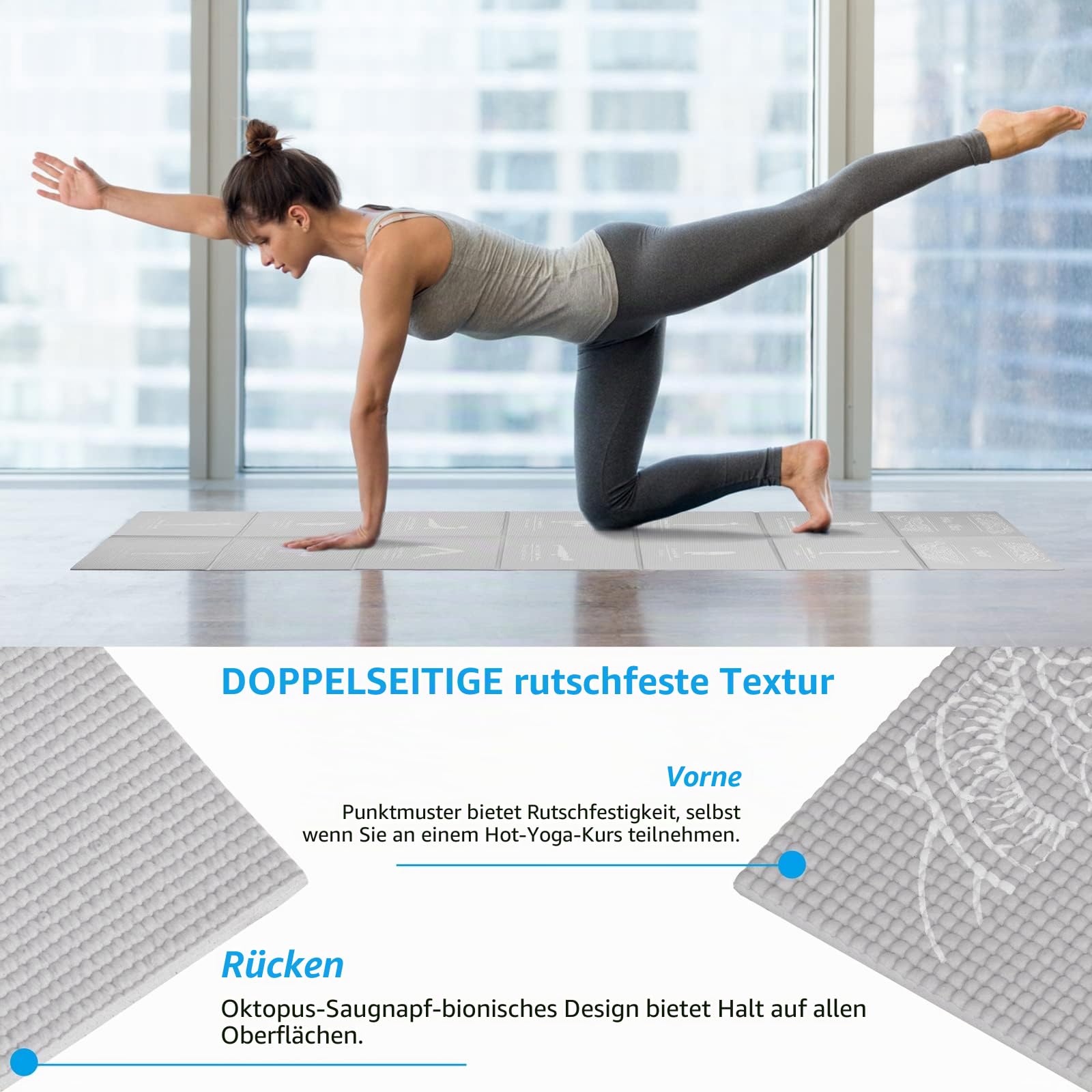 Faltbare Yogamatte für Frauen, rutschfeste Übungsmatte für Home Gym, Reise Yoga Set mit Stretch Strap für Yoga Pilates und Fitness, 173 x 61cmx 5mm dick