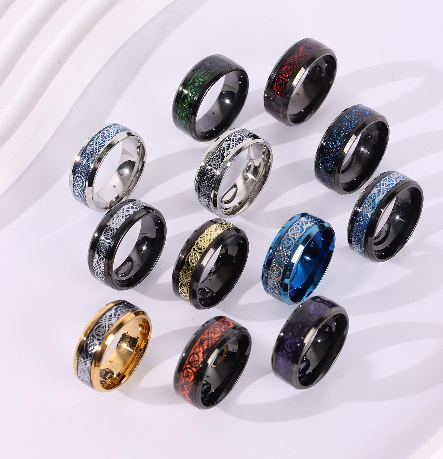 SAMOCO 12 Pcs 8mm Stainless Steel Ring for Men Women Celtic Dragon Beveled Edges Celtic Black Rings Carbide Wedding Band Ring Set Size 7-11
