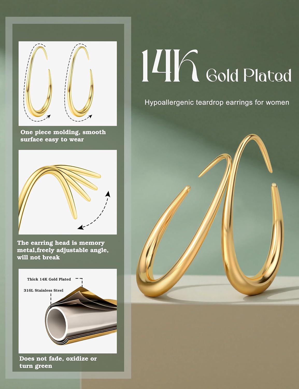 LOLIAS 3 Pairs Gold Teardrop Hoop Earrings for Women - Hypoallergenic 316L Stainless Steel Earrings for Sensitive Ears 14K Gold Plated Waterproof Oval Pull Through Earring Set Thin Lightweight Earring