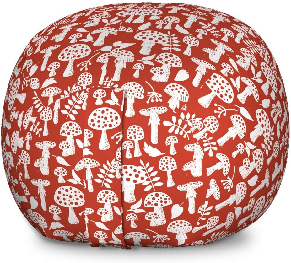 Ambesonne Mushroom Storage Toy Bag Chair, Amanita Pattern Leaves Berries Poisonous Plants Cartoon Style, Stuffed Animal Organizer Washable Bag, Large Size, Sienna White