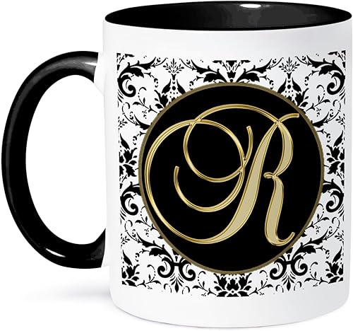 3dRose Image Of The Script Letter R Taza blanca y dorada, 11 oz