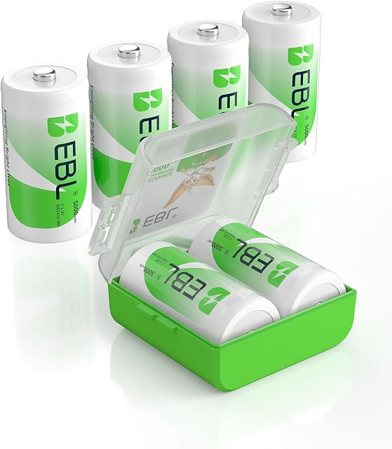 EBL 6 Pack C Cell Rechargeable Batteries 5000mAh 1.2V Ni-Mh C Size Batteries 1500 Cycle (Battery Case Included)