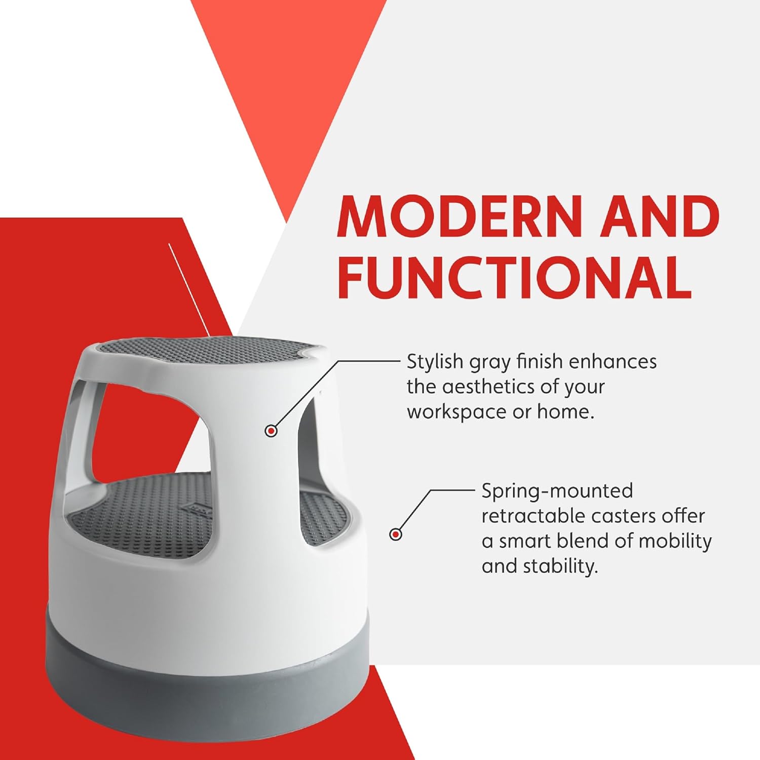 Cramer Scooter Stool, Round, 2-Step, 15", Step and Lock Wheels, 300 lb Capacity, Gray