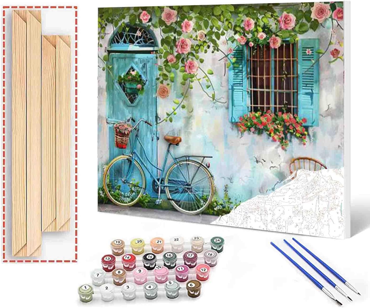 Italian Town DIY Paint by Numbers for Adults Kids Easy Canvas Oil Painting Flowers Blooming on the Window Acrylic Watercolor Paint Kits Home Living Room Wall Art Decor Gift 16''W x 20''H(Manual Frame)