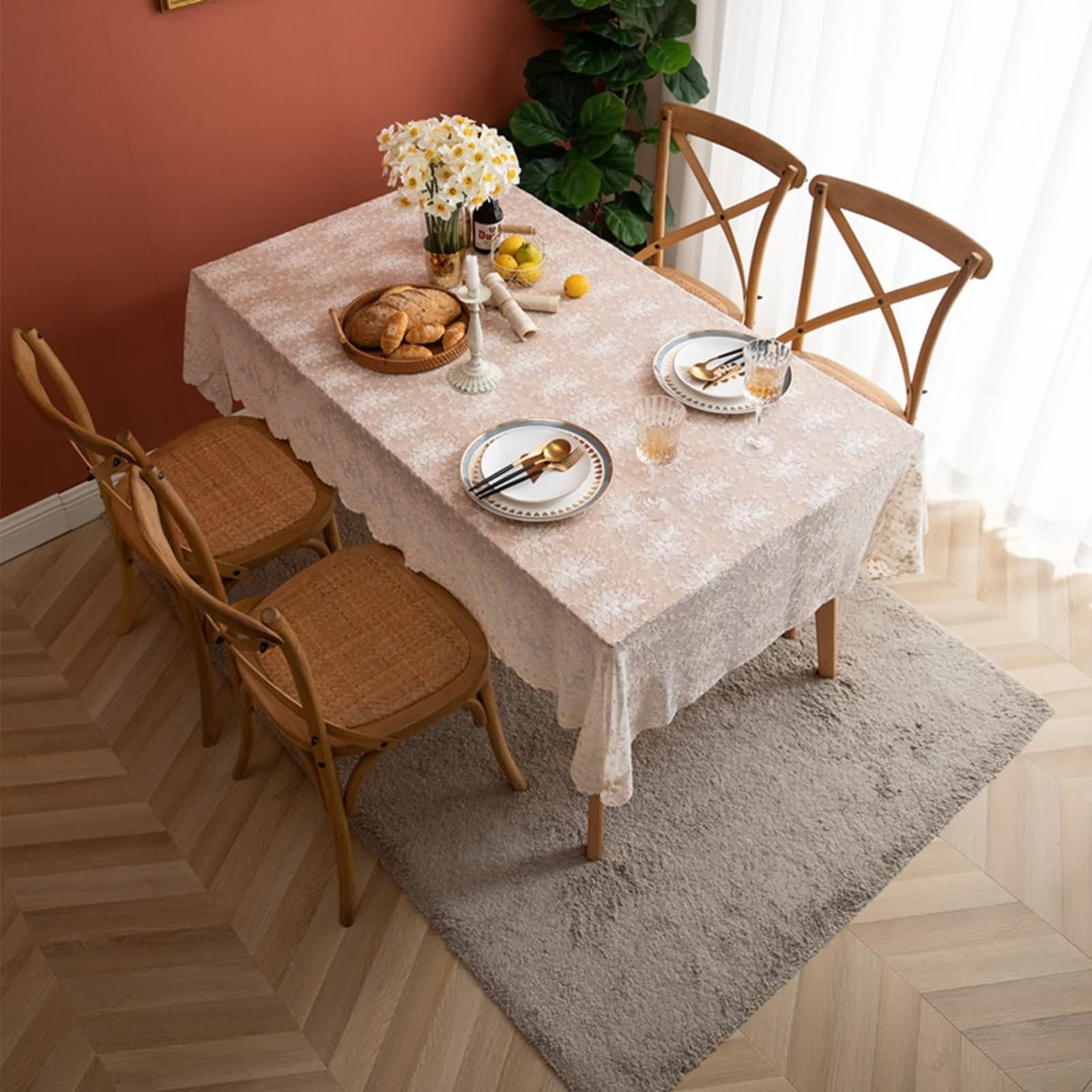 Tovaglia Tavolo Cucina, Tovaglia Cucina Rettangolare Beige Poliestere Fiore Di Pizzo Ricamato Copritavolo 130X180CM per Soggiorno