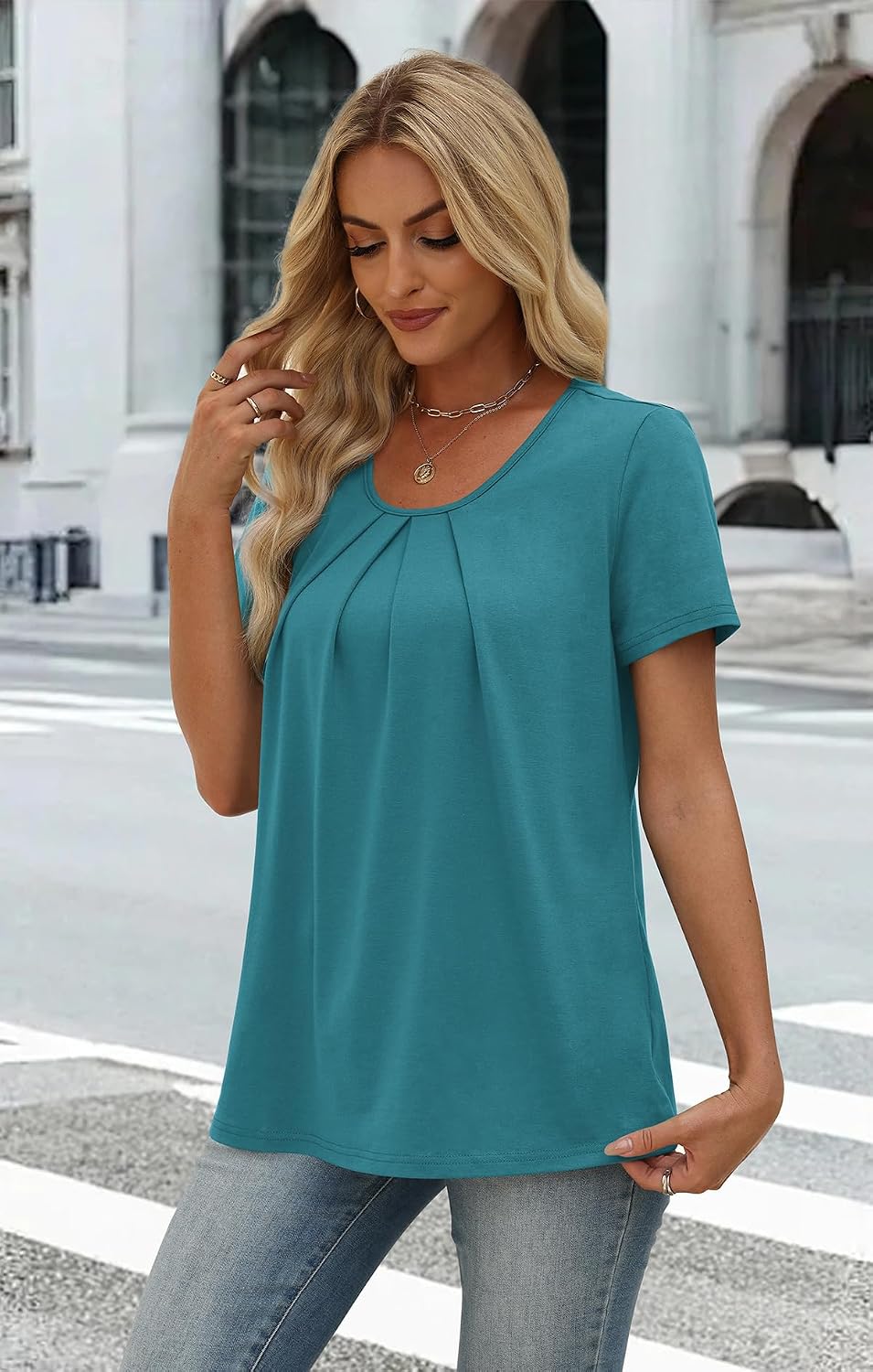  Women T Shirts Pleated Short Sleeve Tops Business Casual Blouses | Loose Fit, Dressy Casual, Trendy 2026, Flowy, Boho thumbnail