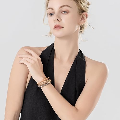 Miniatura 4 de FANCY SHINY Pulseras bohemias de cuero con cuentas doradas para mujer, apilables con cierre magnético