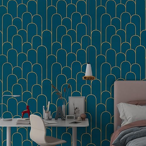 Vista 51 de Yasinet Papel tapiz para despegar y pegar, papel tapiz azul y dorado, papel de contacto geométrico azul, extraíble, autoadhesivo, a rayas