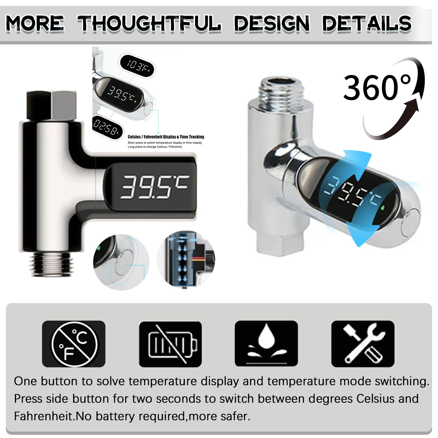 Baby Shower Thermometer Fahrenheit Celsius Shower Water Thermometer with Led Digital Display 360°Rotating Screen Instant-Read Thermometers for Bath Kitchen Bathroom