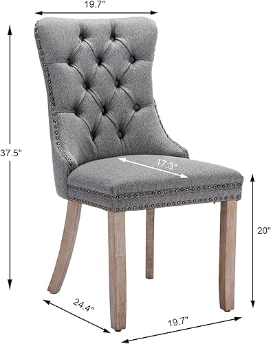 Miniatura 2 de Juego de 2 sillas de comedor tapizadas de tela de lino con borde trasero de tracción y patas de madera maciza, silla de cocina copetuda de lujo para