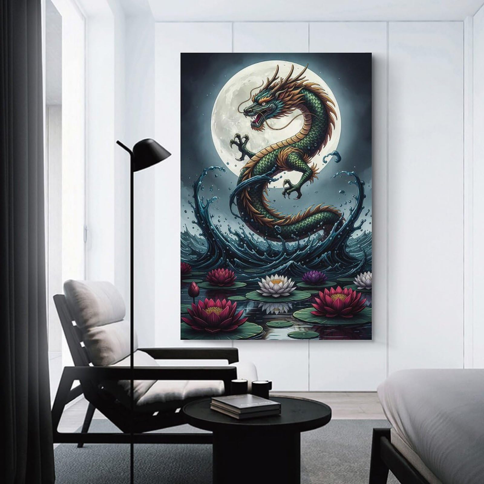 Junmoney Dragon And Lotus Flowers Canvas Wall Decor, 12x18inch(30x45cm), for Lounge Decor, Bedroom Walls Or Flats, Eye Catching Artwork for Blank Walls