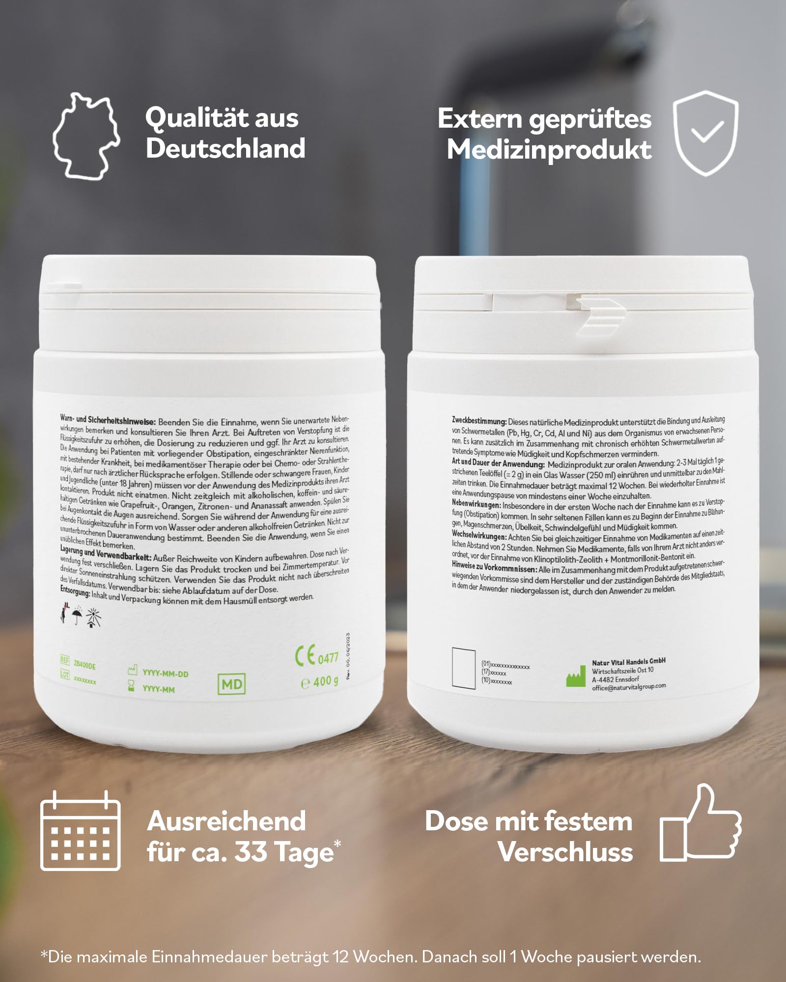 ZeoBent MED Detox-Pulver 400g, Zeolith-Bentonit, Medizinprodukt, Apothekenqualität, Vergleichssieger, Darmreinigung, Entgiftung von Schwermetallen, Entgiftungskur, Vulkanmineralien, Heilerde