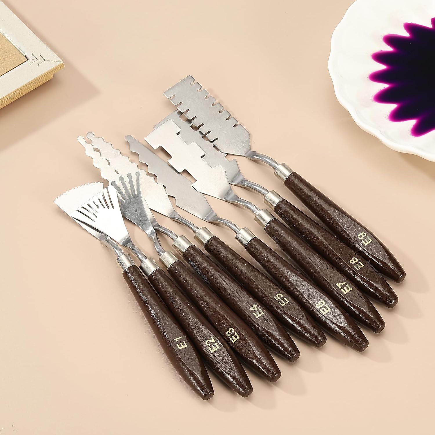 YOKIVE 9 Pcs Stainless Steel Palette Knife, Professional Art Spatula Set Oil Painting Accessories Color Mixing Scraper with Wood Handle, Great for Canvas Acrylic Painting (Brown)
