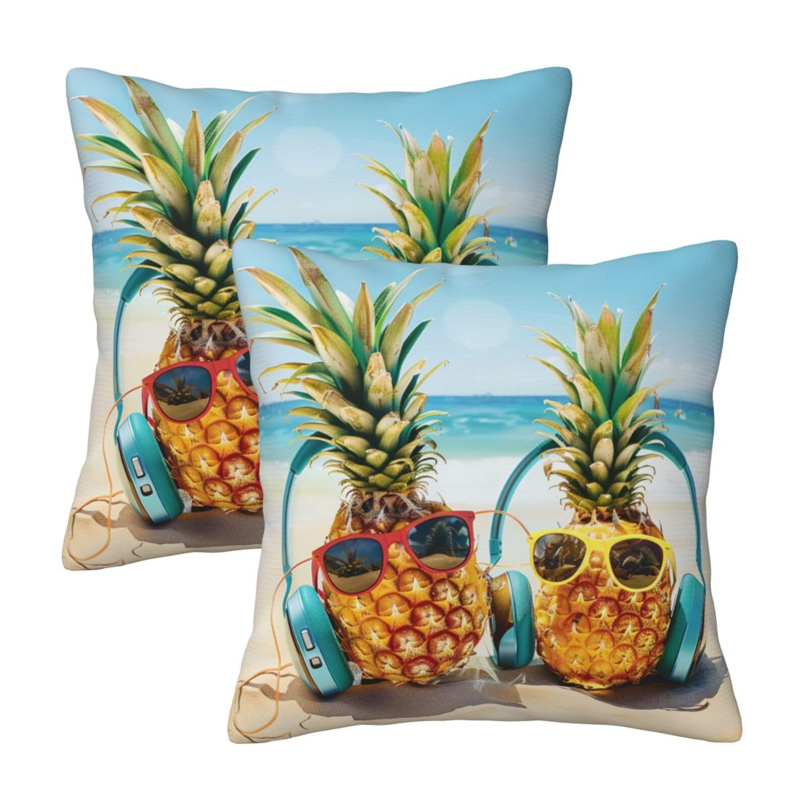 kkvhhyuo Beach Two Pineapples Sea Print Pillow Covers Set of 2, Square Decorative Cushion Covers with Hidden Zipper, Throw Pillow Cases for Living Room Sofa Bed Chair, 50x50 cm