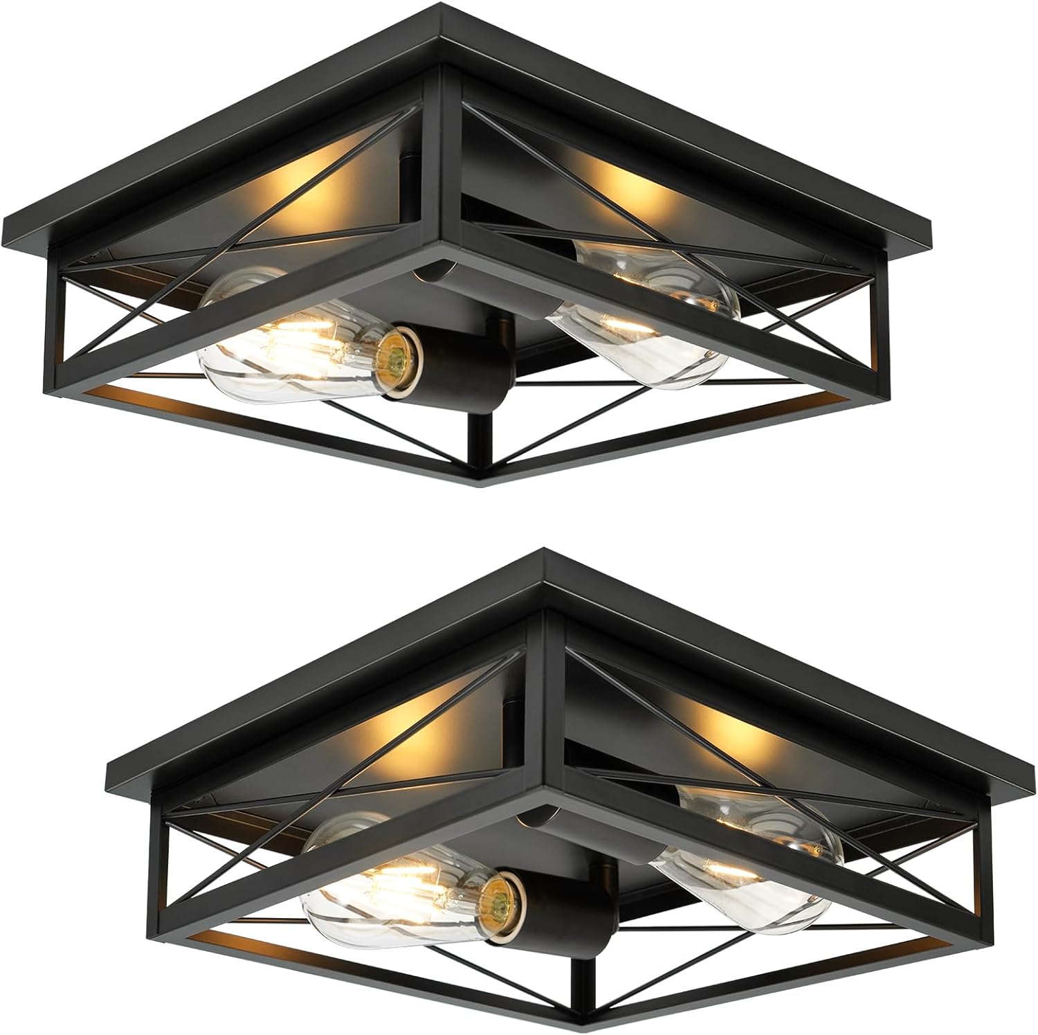 2 Pack Farmhouse Ceiling Light Fixture - 12 Inch Big Industrial Square Modern Black Flush Mount Ceiling Light for Kitchen, Hallway, Bedroom, Balcony, Porch, Stairway, E26 (Black, 12 Inch)