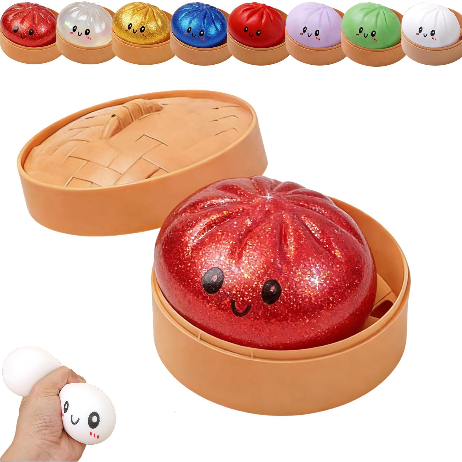 Dumpling Squishy, Squishy Dumpling Toy, Glitter Dumplings Squishiest Toy with Steamer Box, Stress & Anxiety Relief Toys for Kids & Adults Non-Edible (White) — view 23