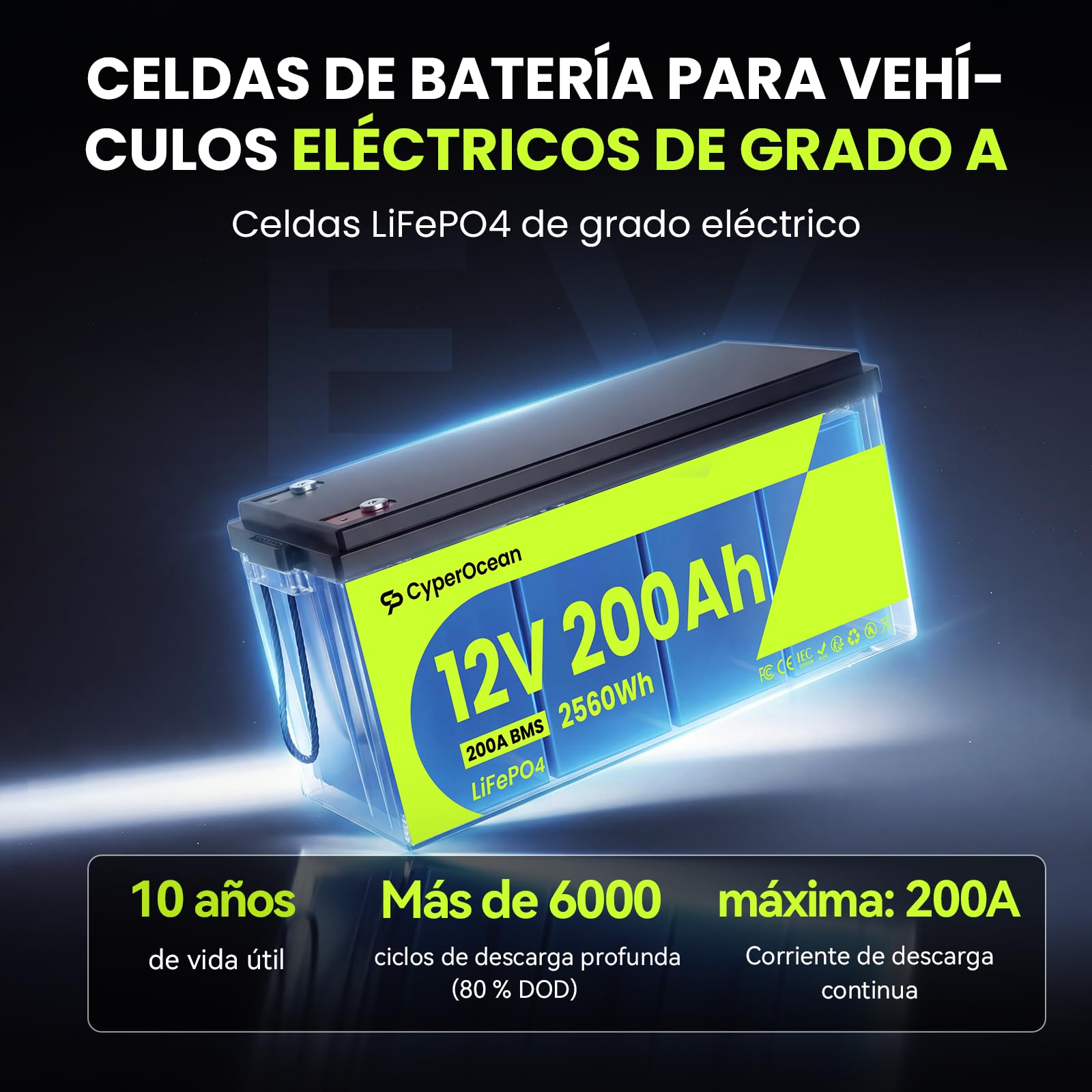 Bateria LiFepo4 12V 200Ah, Batería Litio 200Ah,IP65,200A BMS con Protección de Bajas Temperaturas,IP65,Batería Recargable de Coche para Autocaravana,Barco,Placa Solar