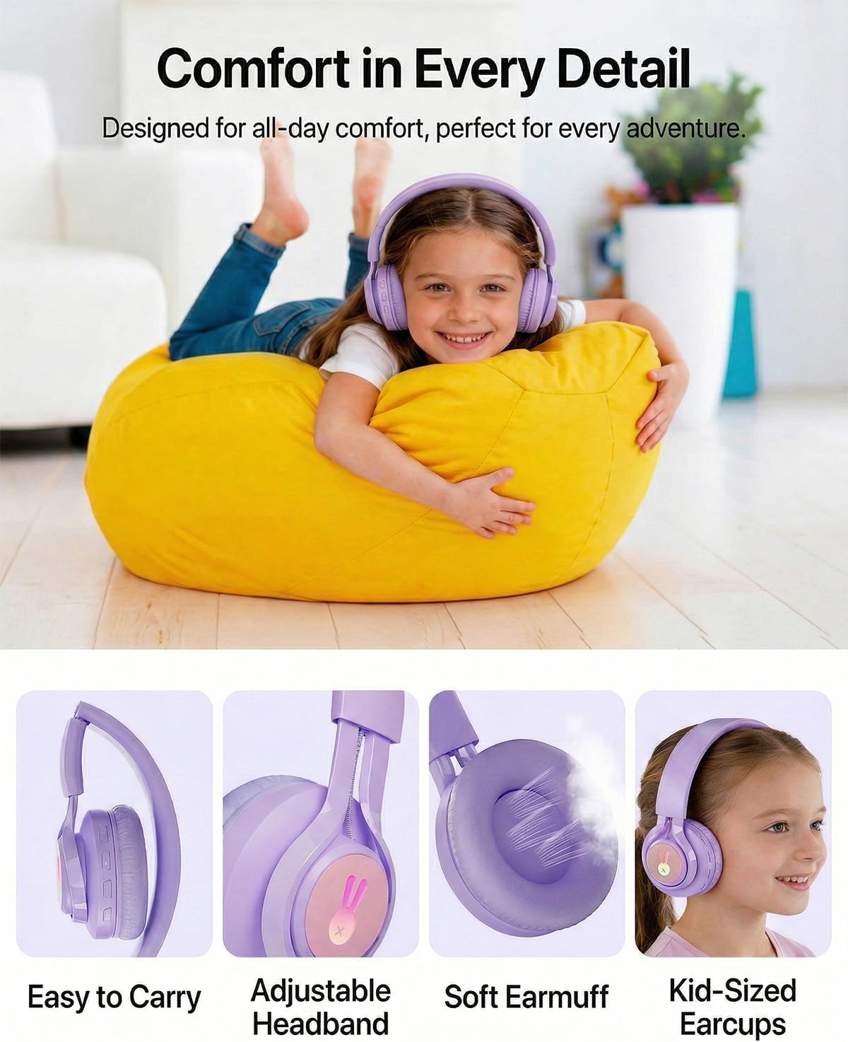 LED Light Up Kids Wireless Headphones - Wired/Wireless Dual Mode with Mic - Safe 85dB Volume Limit, Ultra-Lightweight Bluetooth Over Ear Earphones for School, iPad - Purple Gifts for Teens Girls