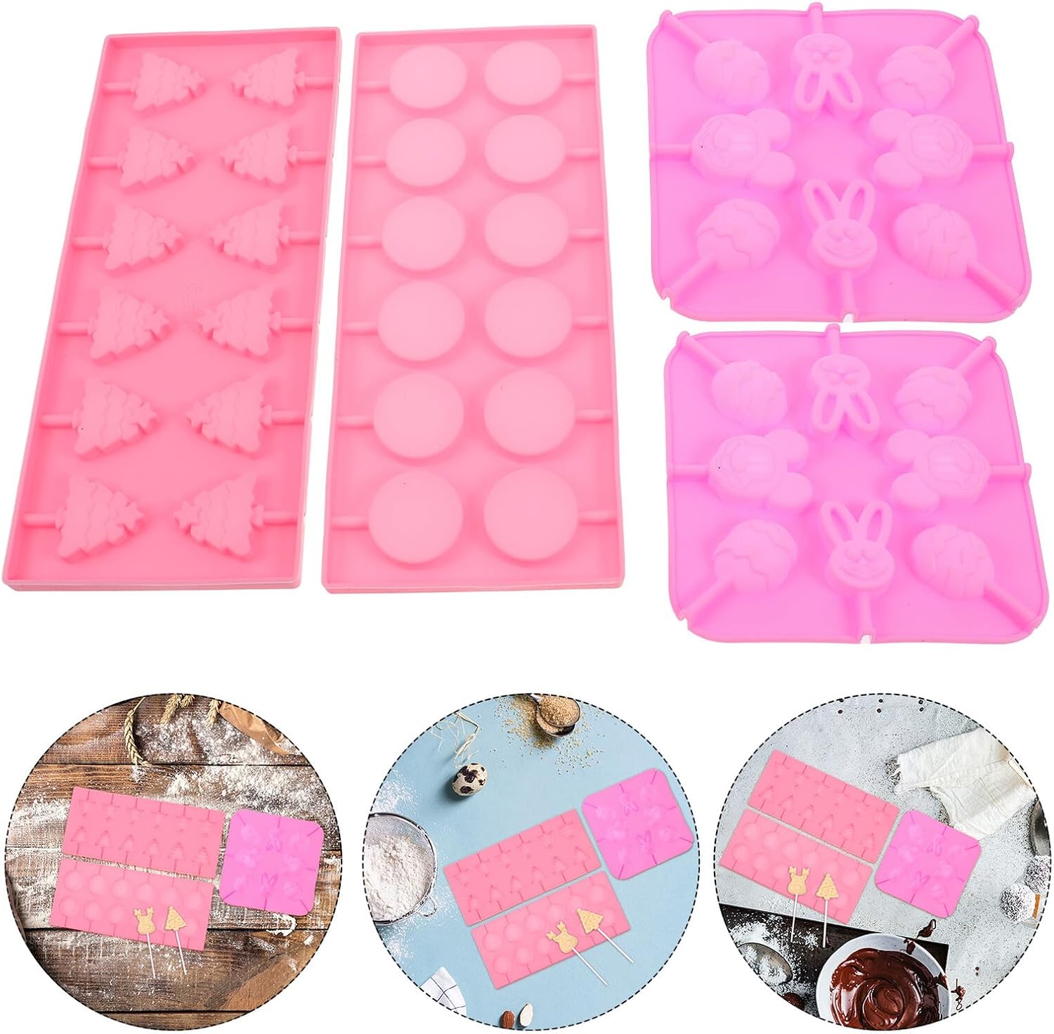 Christmas Silicone Candy Molds Set 7pcs Hard Candy Lollipop Molds with 304 Food-grade Silicone for Holiday Baking and Making