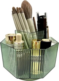 Rotary Desk Organiser, Makeup Brush Holder with Multiple Compartments, Skin Care Storage Office Supplies Home and Countertop Organizer for Vanity & Bathroom Kitchen Crystal Green 360°