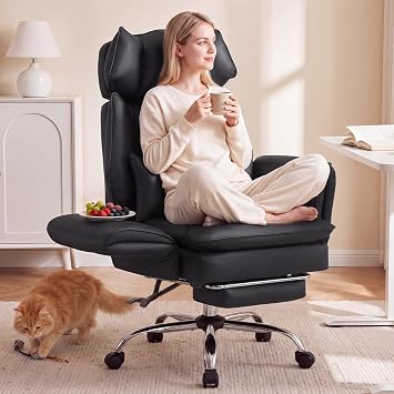 Furniliving Criss Cross Office Chair with FlipUp Armrests & Footrest, Big and Tall Ergonomic Computer Desk Chair with Wheels, Lumbar Support, PetFriendly Pu Fabric Wide Seat Chair, Black