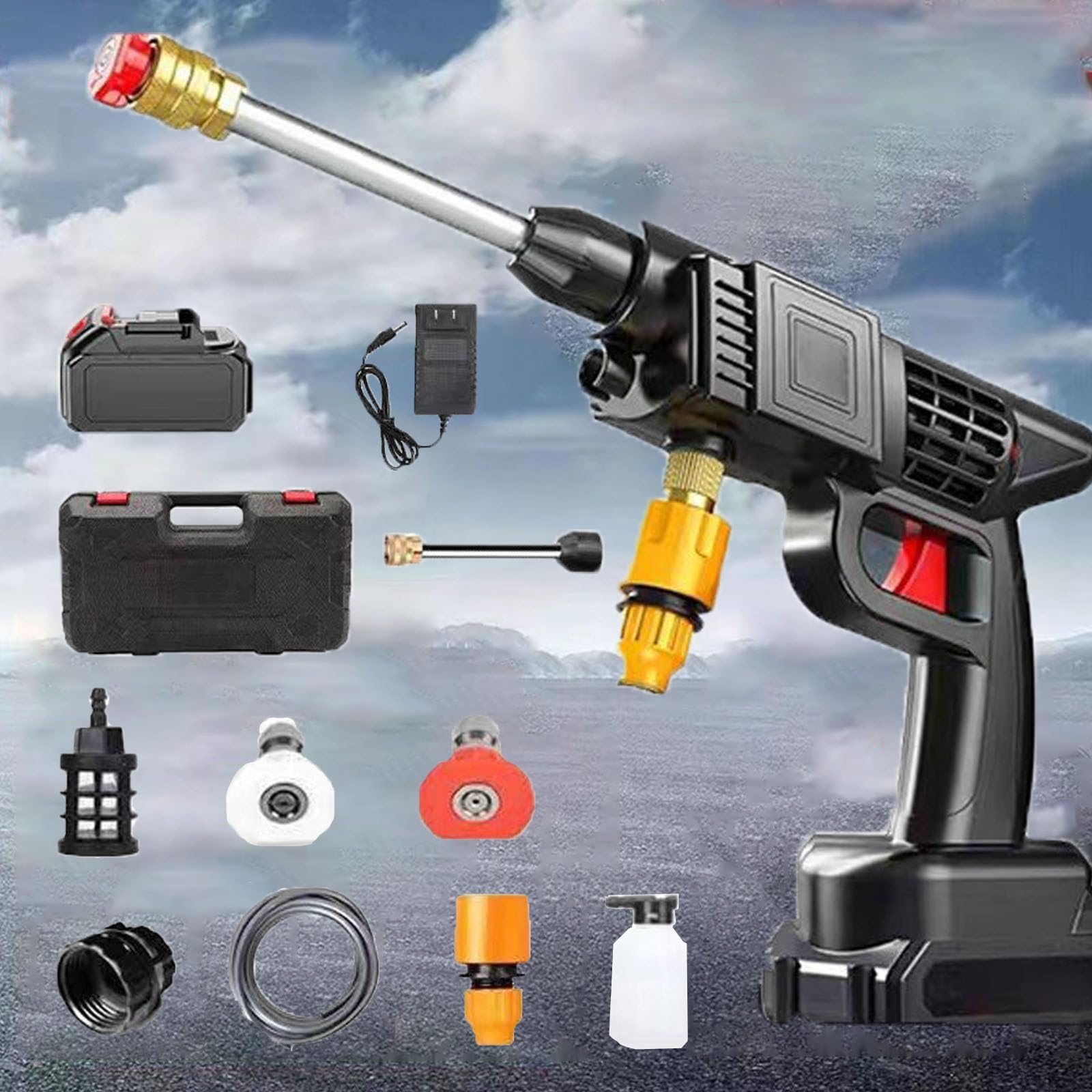 LFYLCDJJ 21V Cordless Lithium Car Wash Gun, 1800W Portable High Pressure Washer, Maximum Pressure 60bar Electric Jet Car Wash with 5.2M Water Hose for car, patio, garden, floor and other cleaning