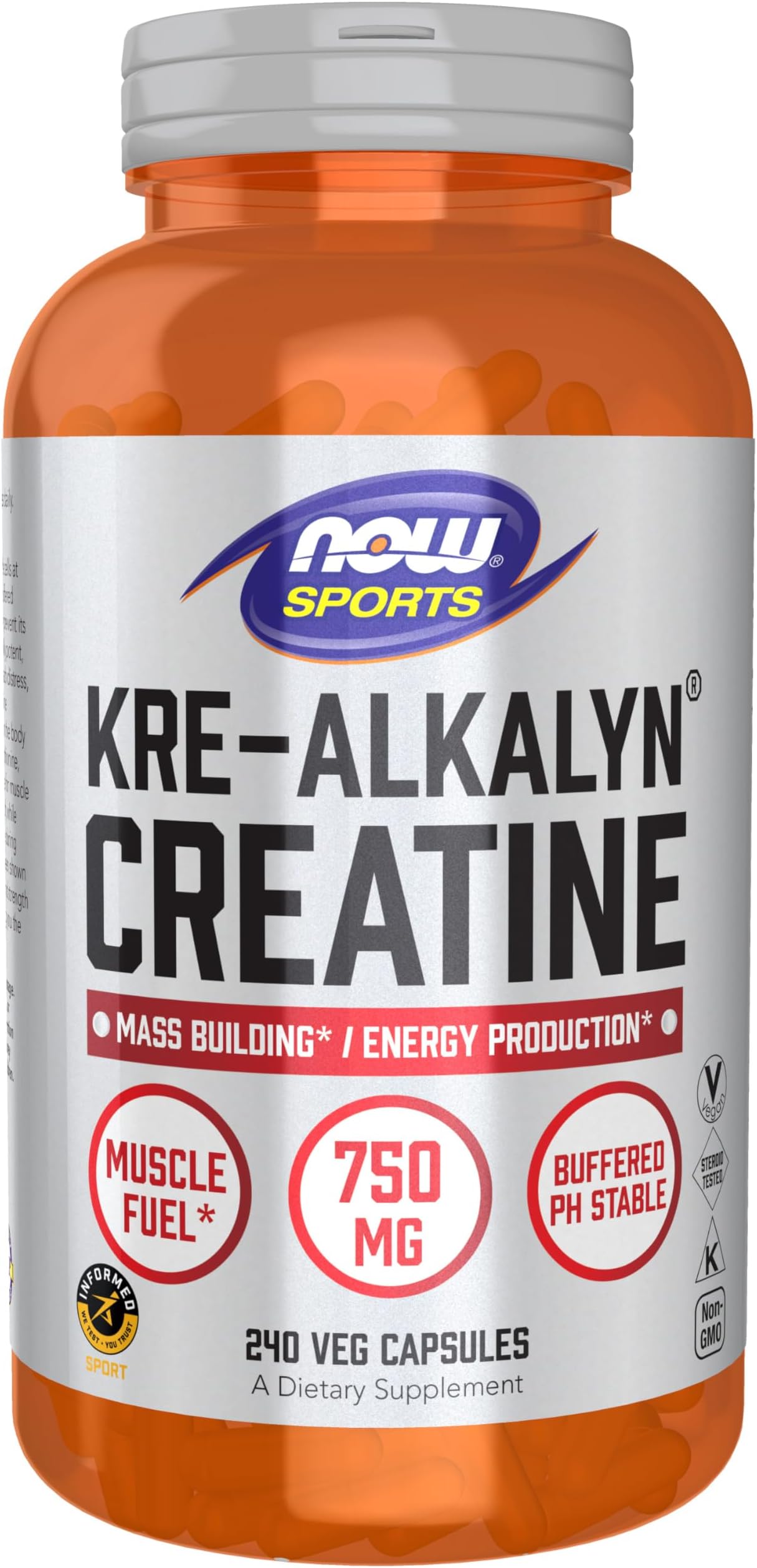 NOW Foods Sports Nutrition, Kre-Alkalyn Creatine 750 mg, Mass Building*/Energy Production*, 240 Veg Capsules