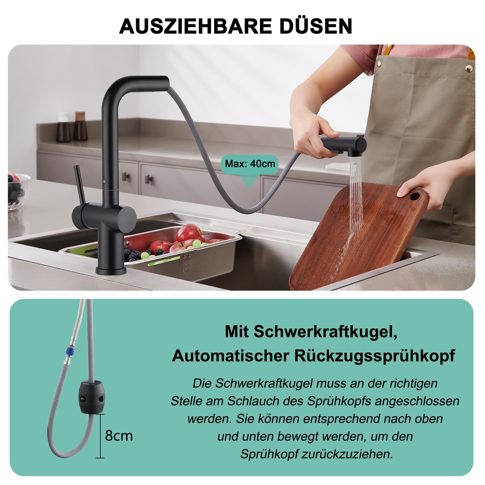 BONADE Niederdruck Armatur Küche, 360° Drehbar Spültischarmatur mit 3 anschluessen für Boiler, Wasserhahn Küche Ausziehbare Brause mit 2 Strahlarten, Edelstahl Mischbatterie Wasserhahn Küche Schwarz