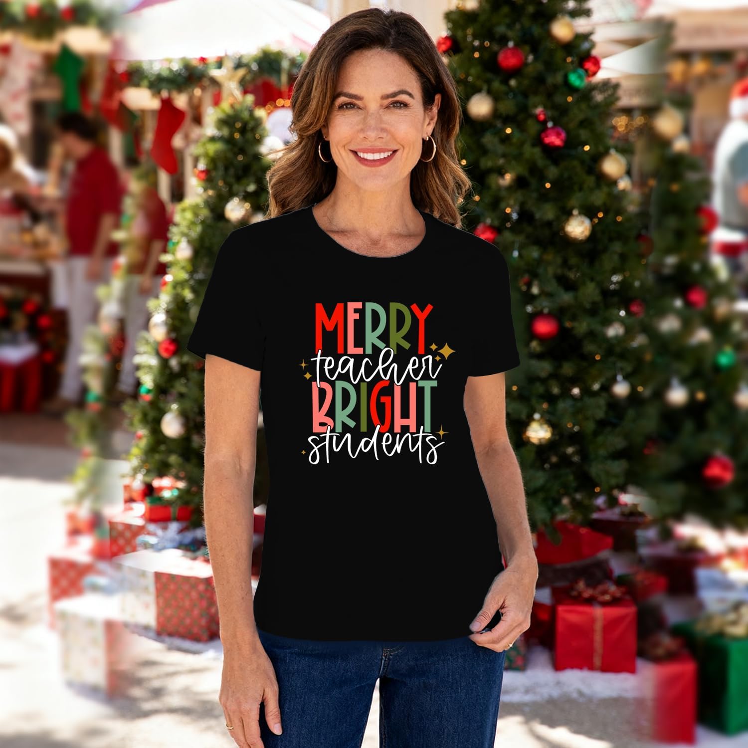 Teacher Christmas Shirt for Women Merry Teacher Bright Students T-Shirts Teachers Life Xmas Blessing Tee Tops - Image 3