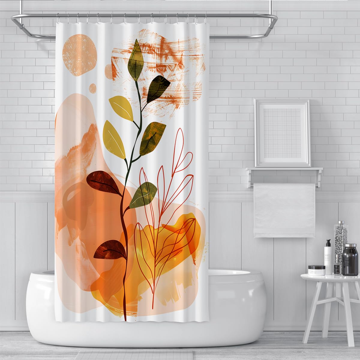 Rideau de Douche Botanique Automne Silhouette Feuille Orange, Aquarelle Abstraite Imperméable Séchage Rapide Tissu Polyester avec Crochets W200xL200 cm